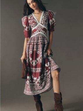 NEW Farm Rio x Anthropologie Printed V-Neck Puff-Sleeve Maxi Dress in Plum, XS